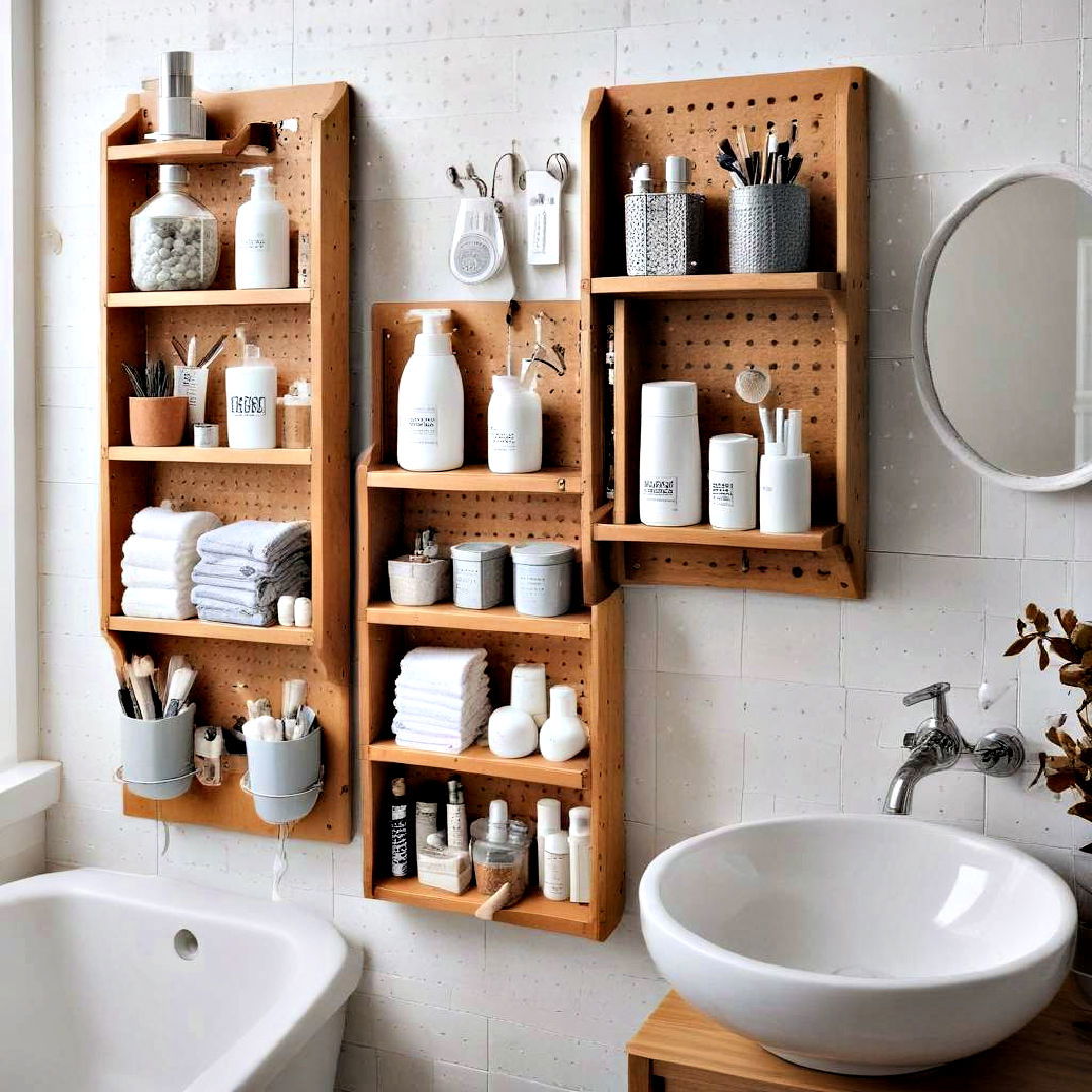 mount wall pegboard system - 40 Bathroom Organization Ideas