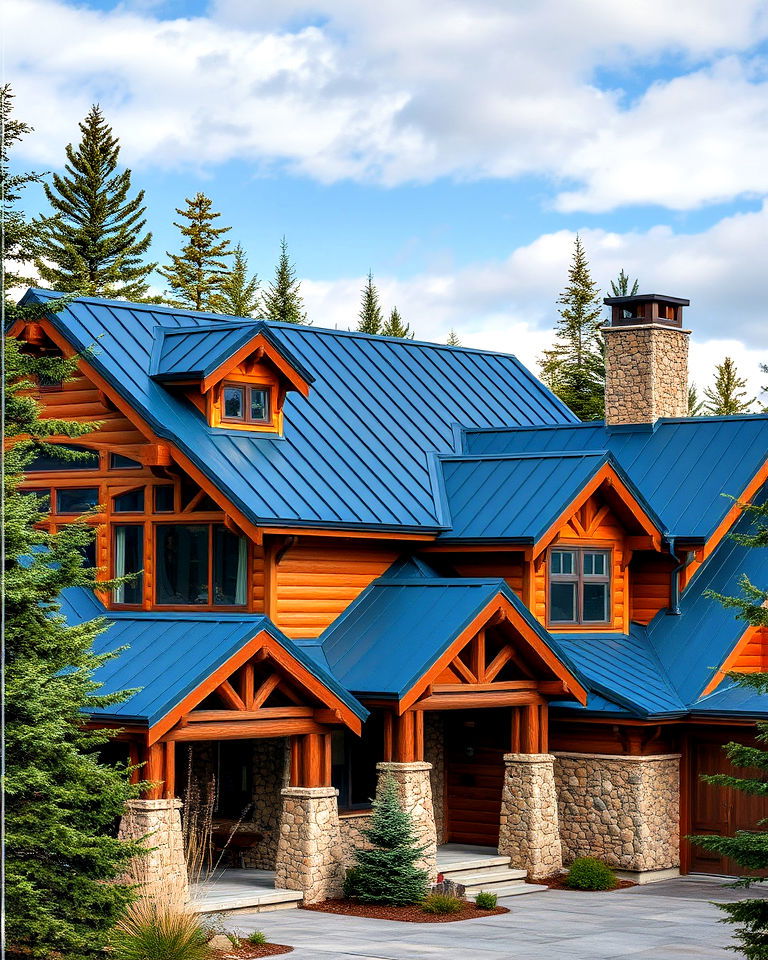mountain lodge house with deep blue metal roof - 25 Houses With Blue Metal Roofs
