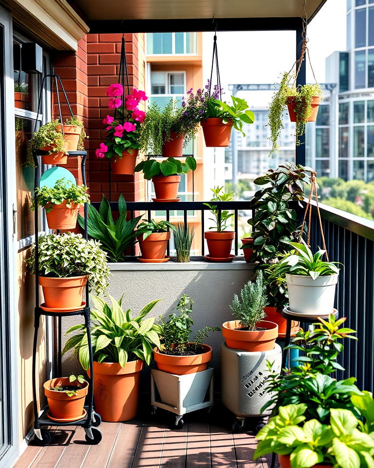 movable planters for balcony garden setup - 40 Balcony Garden Ideas