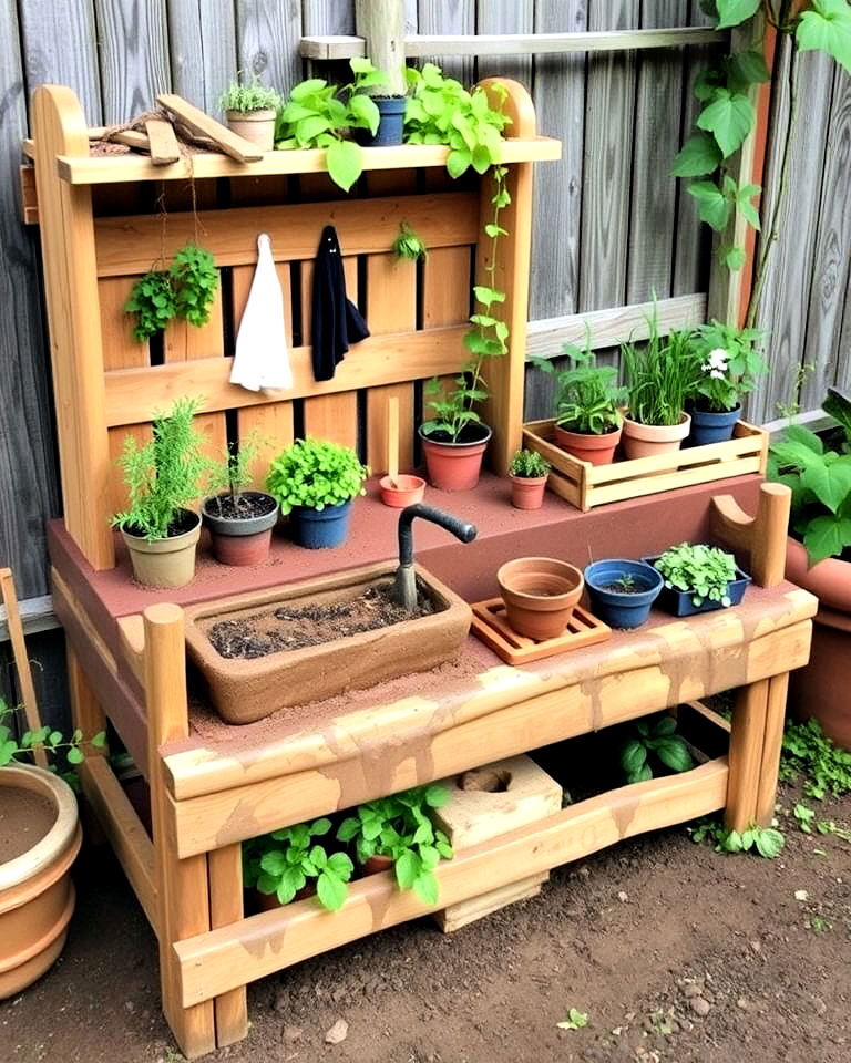 mud kitchen with a small gardening area - 20 Mud Kitchen Ideas