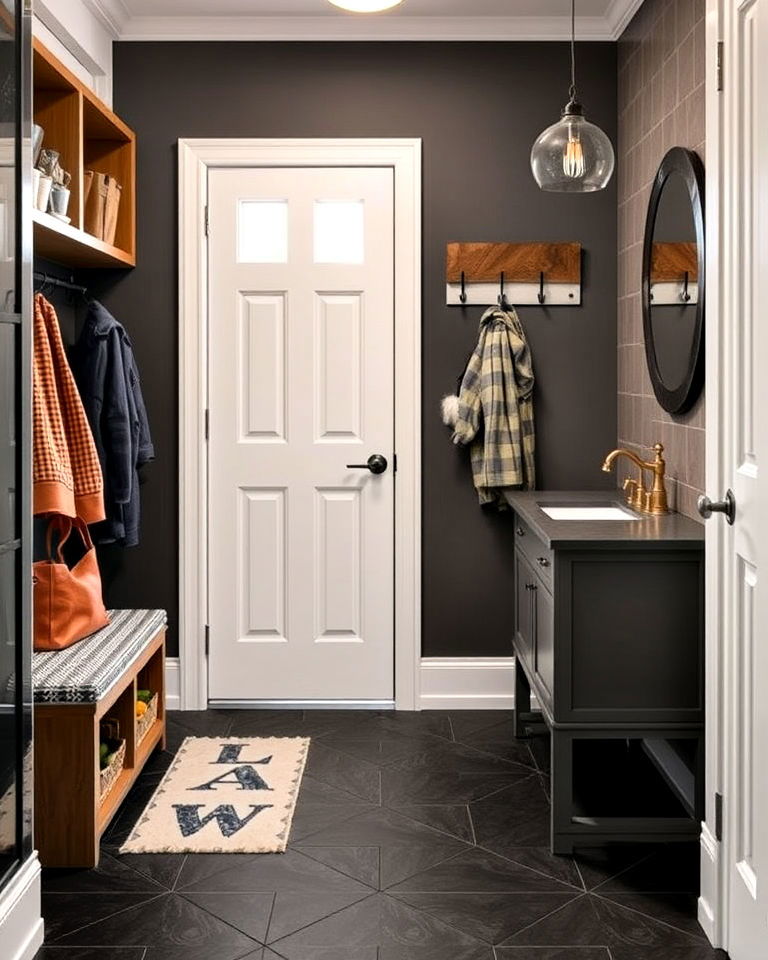 mudroom with bold geometric pattern floor tiles - 15 Mudroom Tile Floor Ideas