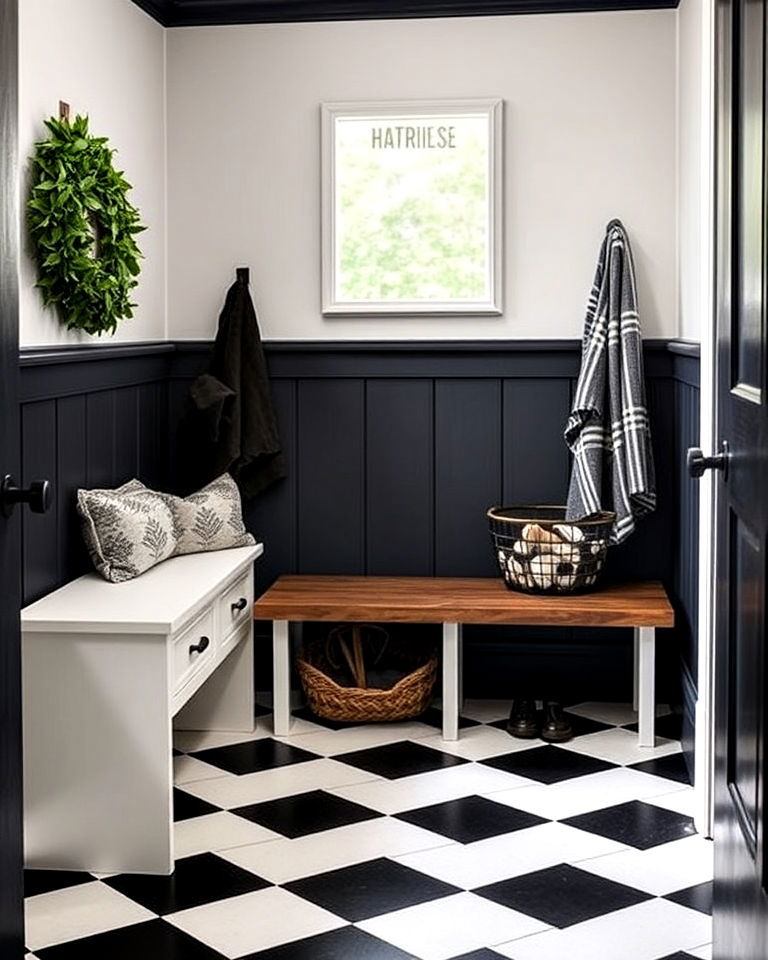 mudroom with checkerboard tile design - 15 Mudroom Tile Floor Ideas