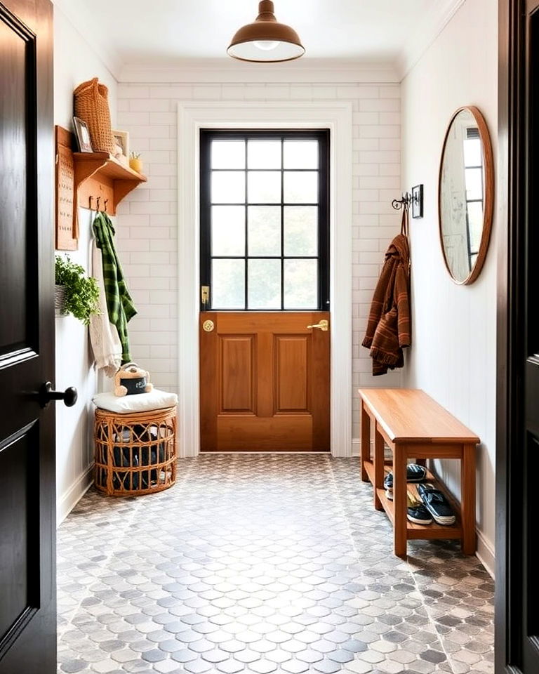 mudroom with mosaic penny tile floor - 15 Mudroom Tile Floor Ideas