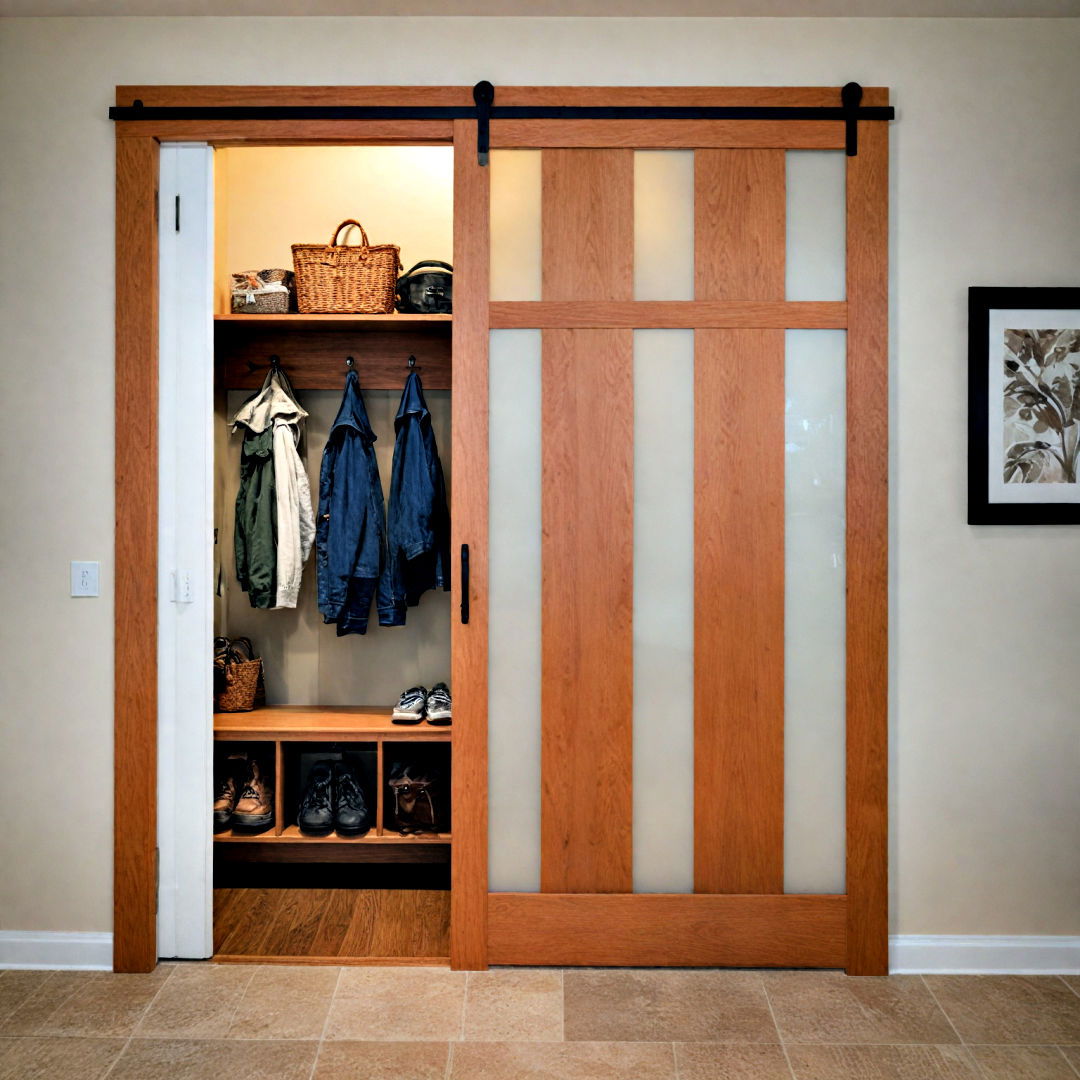 mudroom with space saving sliding door - 40 Mudroom Ideas