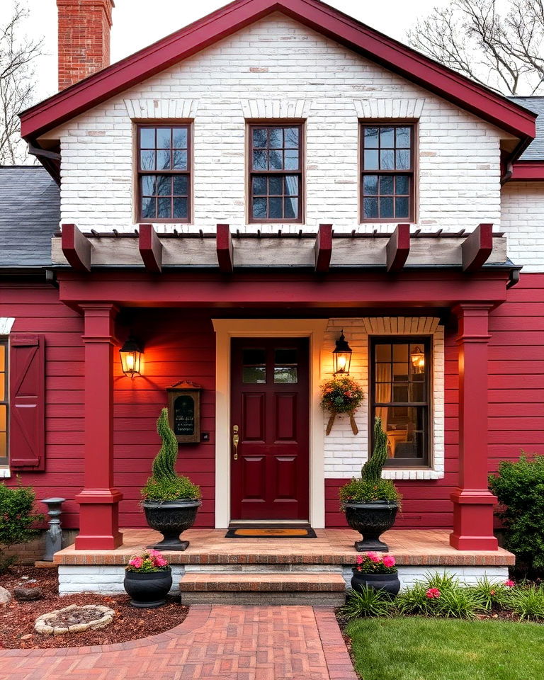mulberry red house exterior with whitewashed brick - 20 Dark Red House Exterior Ideas