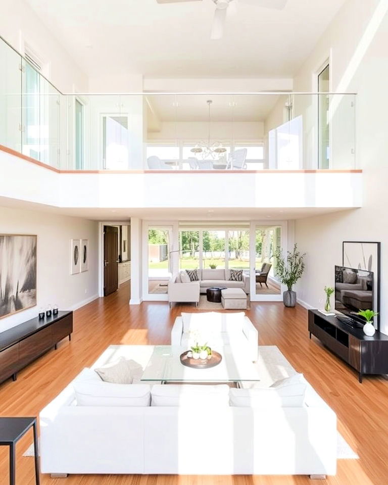 multi level living room with glass railings - 25 High Ceiling Living Room Ideas