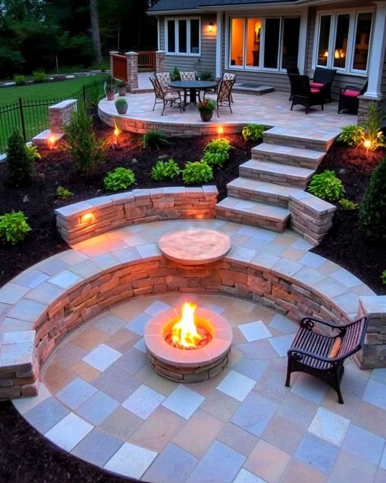 multi level stone patio with fire pit ideas - 25 Stone Patio With a Fire Pit Ideas