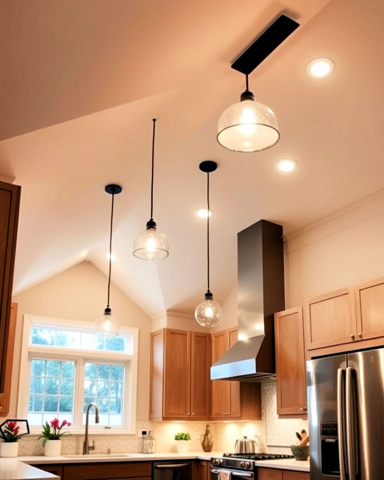 multi tier lighting system for sloped ceiling - 20 Sloped Ceiling Kitchen Ideas