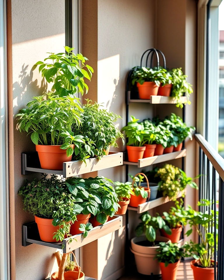 multi tiered indoor outdoor herb shelves - 20 Balcony Herb Garden Ideas