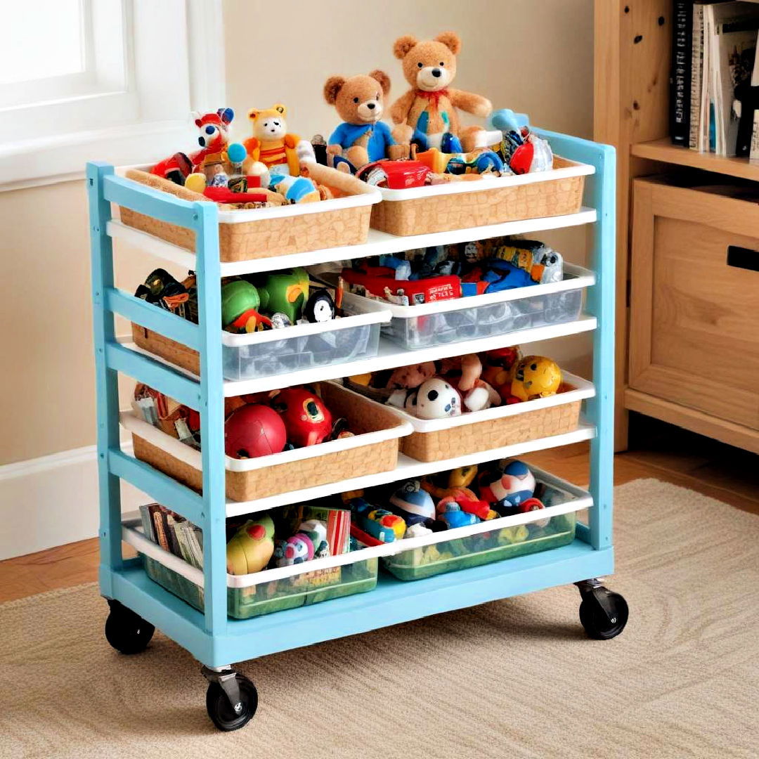multi tiered rolling cart to store toys - 40 Toy Storage Ideas