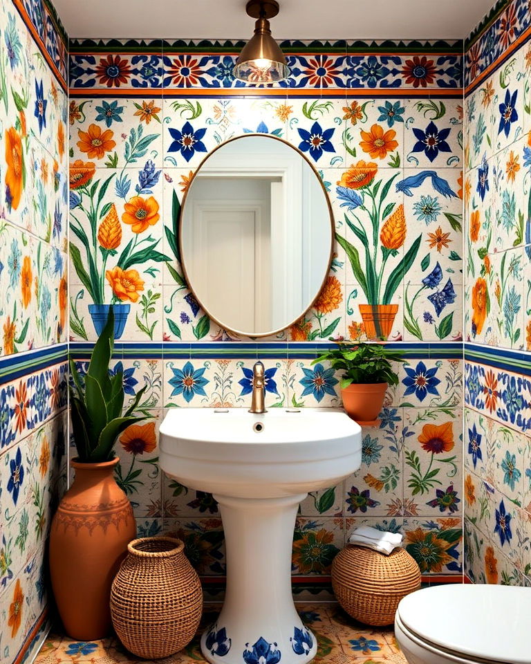 mural mimicking hand painted mediterranean tile - 30 Bathroom Mural Ideas