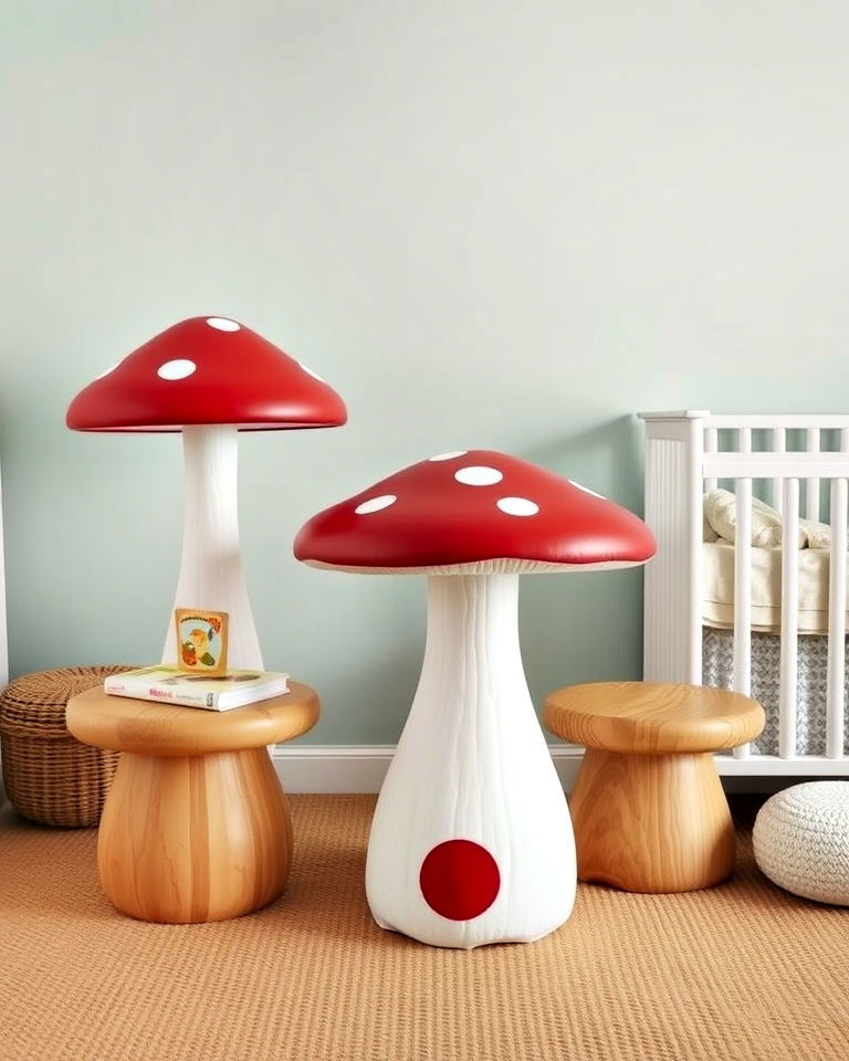 mushroom shaped stools for woodland nursery - 25 Woodland Nursery Ideas