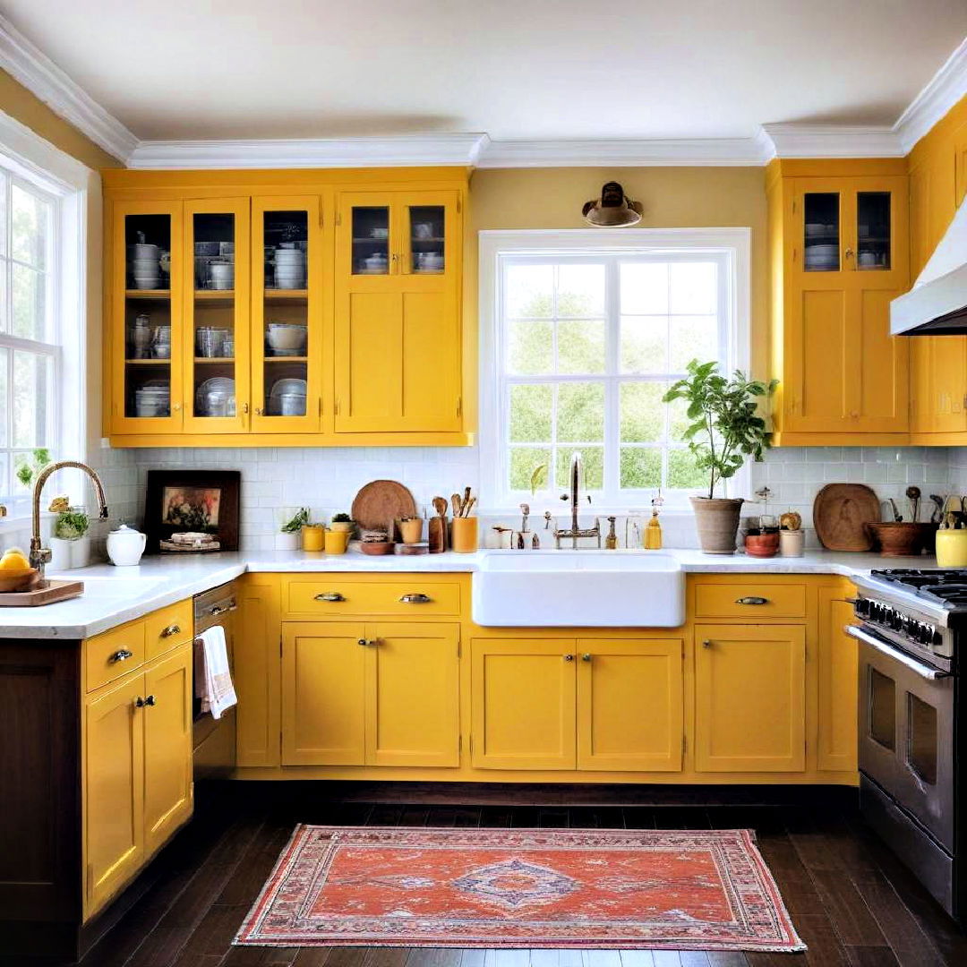 mustard yellow cabinet for vintage flair - 40 Painted Kitchen Cabinet Ideas
