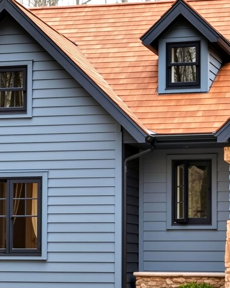 muted blue siding and cedar shingle roof - 25 Blue Exterior Home With a Brown Roof Ideas