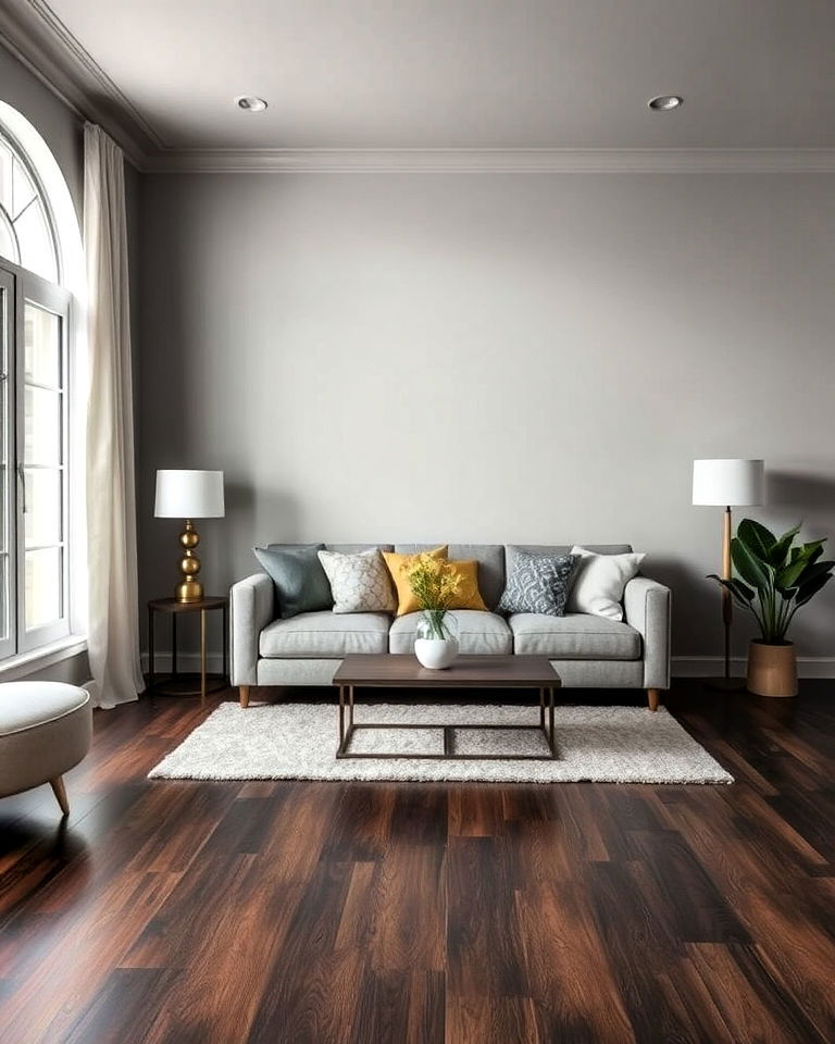 muted grey walls and dark wood floor - 20 Grey Living Room With Dark Wood Floors