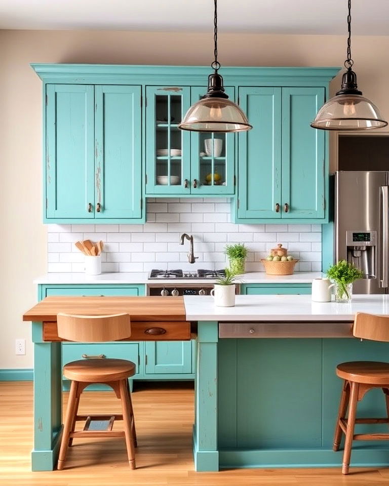 muted turquoise cabinets and distressed edges - 30 Blue Farmhouse Kitchen Cabinets