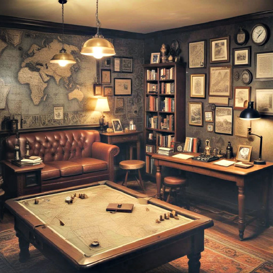 mystery and crime thrillers area with vintage decor - 25 Basement Game Room Ideas