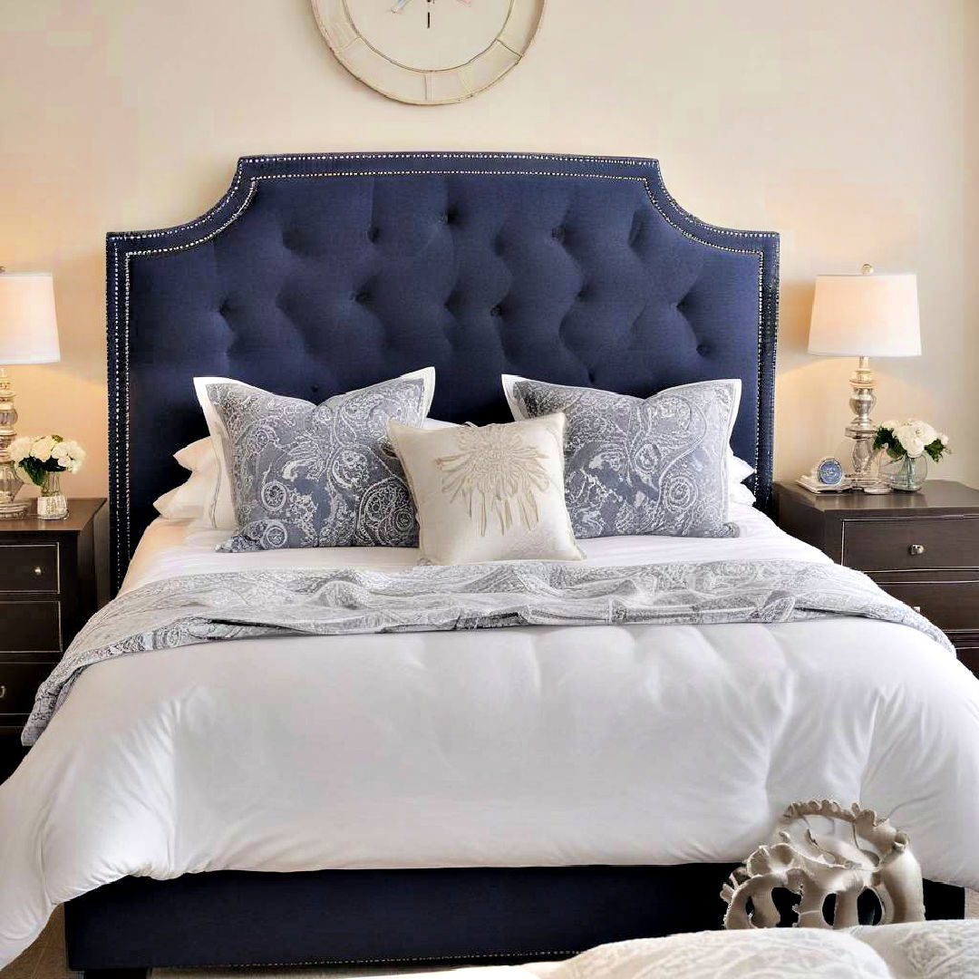 nailhead trimmed blue headboard - 40 Blue Bedroom Ideas