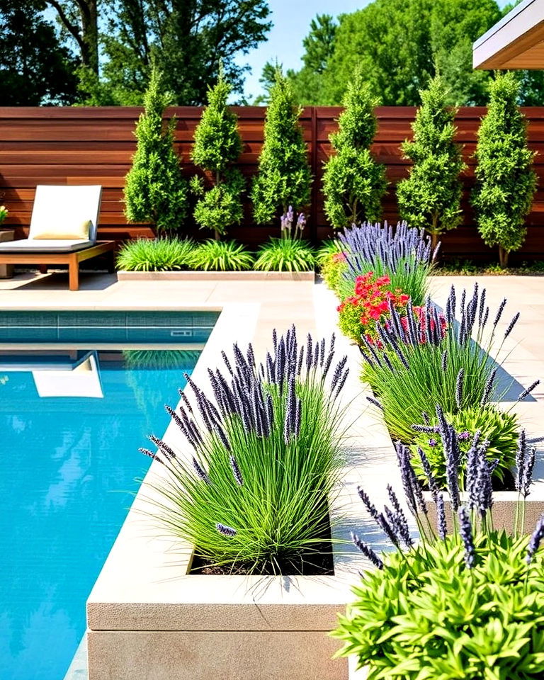 narrow border planters around the pool - 30 Pool Planter Ideas