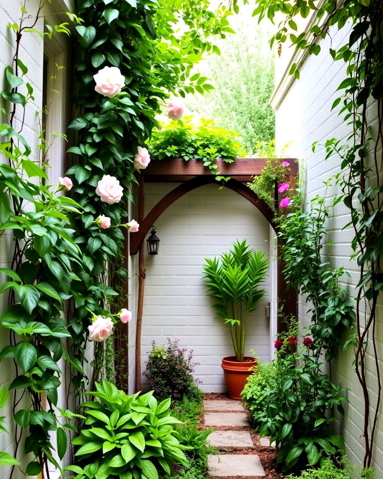 narrow garden with climbing plants and trellis - 20 Narrow Garden Ideas