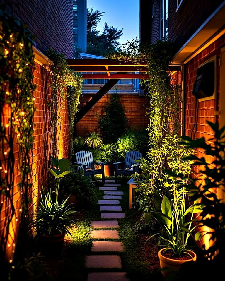 narrow garden with layered lighting - 20 Narrow Garden Ideas