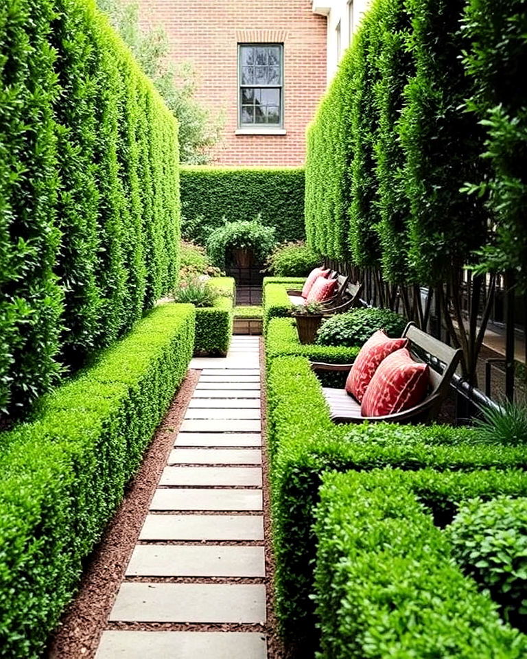 narrow garden with low hedge dividers - 20 Narrow Garden Ideas