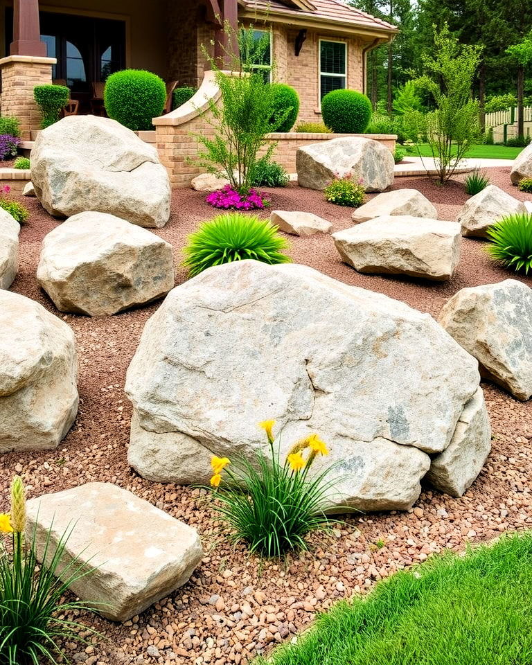 natural aesthetic decorative boulders - 30 Ranch House Landscaping Ideas