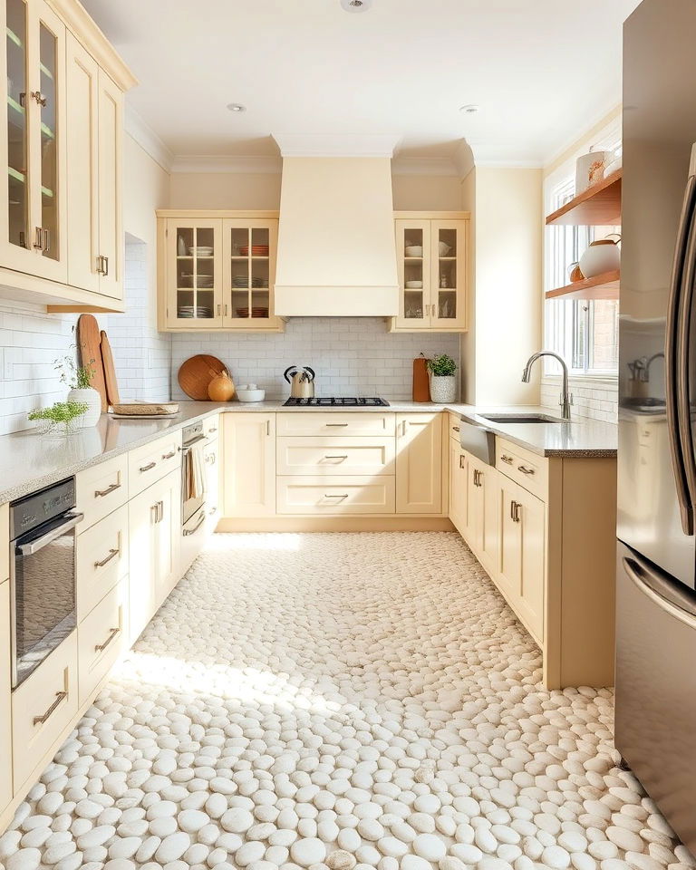 natural aesthetic white pebble stone flooring - 25 White Kitchen Floor Ideas