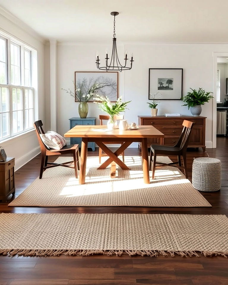 natural fiber rug for cottagecore aesthetic - 30 Cottagecore Dining Room Ideas
