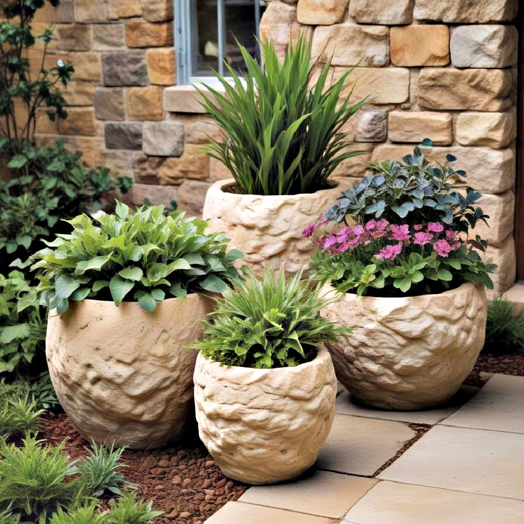 natural looking faux rock plant pots - 40 Container Garden Ideas