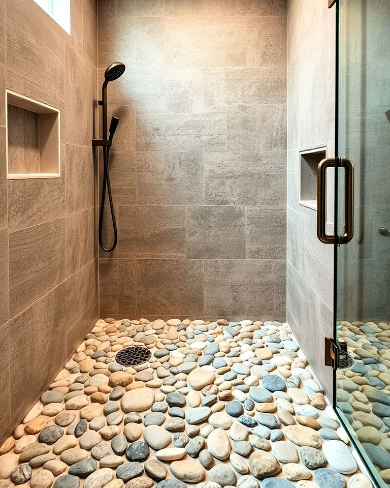 natural pebble flooring for rustic walk in shower - 25 Rustic Walk-in Shower Ideas