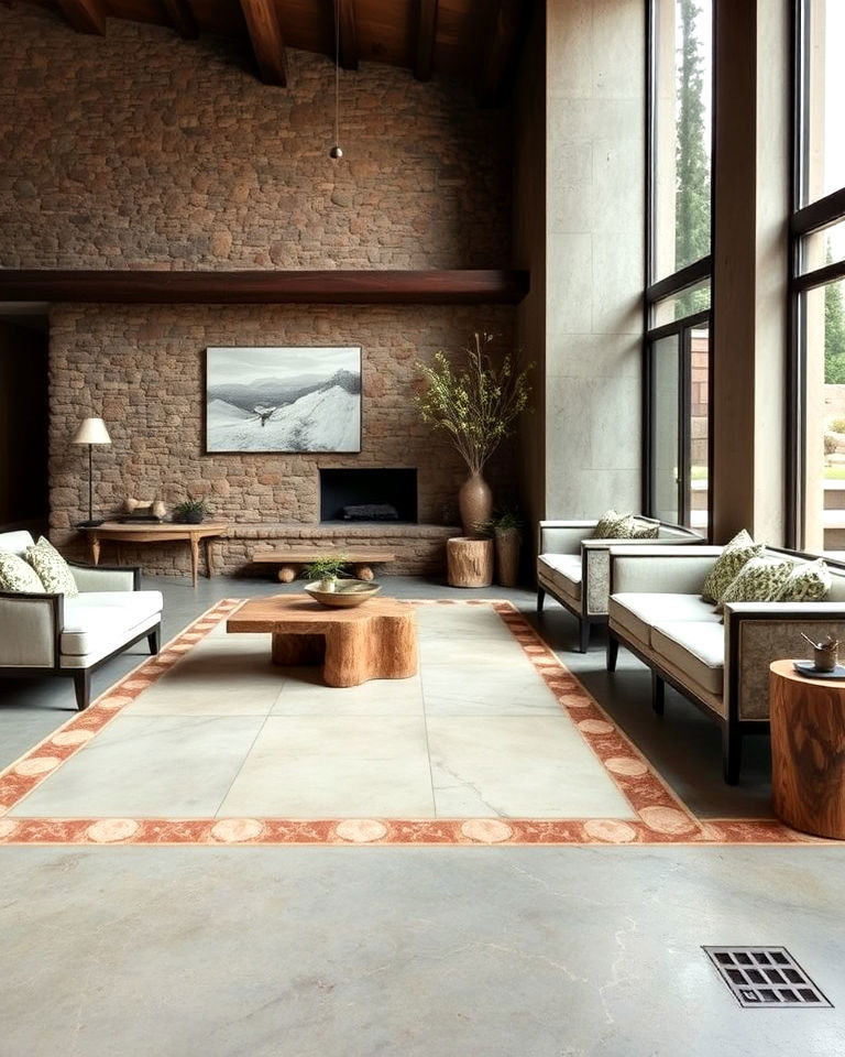 natural stone accents and concrete floor combo - 20 Concrete Floor Living Room Ideas