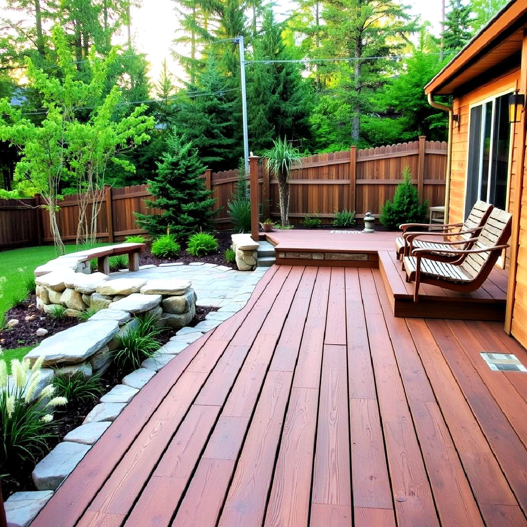 natural stone accents for rustic deck - 25 Ground Level Deck Ideas