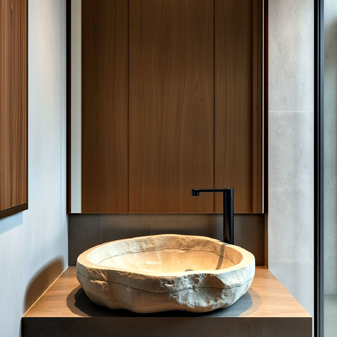 natural stone basin to add artisanal touch - 40 Japandi Bathroom Ideas