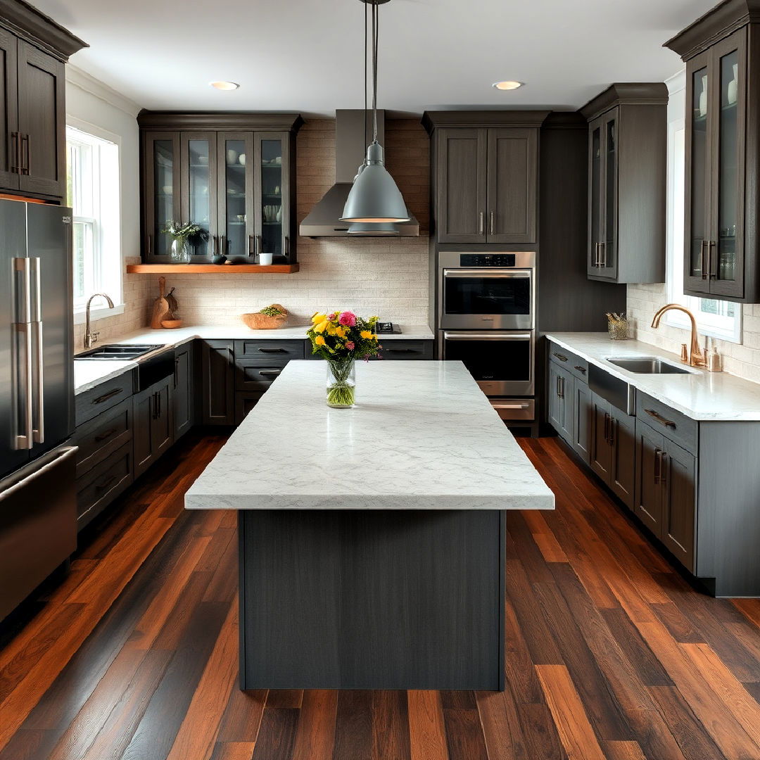 natural stone countertops with dark wood floor - 25 Kitchen With Dark Wood Floors
