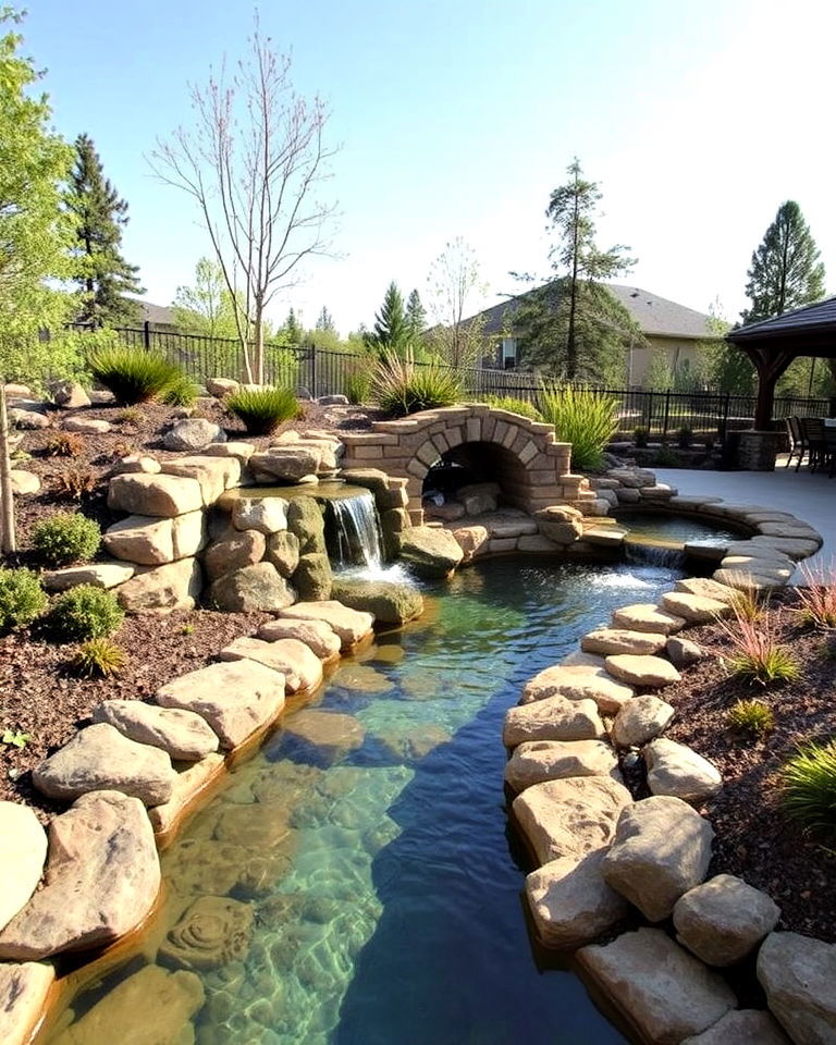 natural stone features with lazy river - 20 Lazy River Swimming Pool Ideas