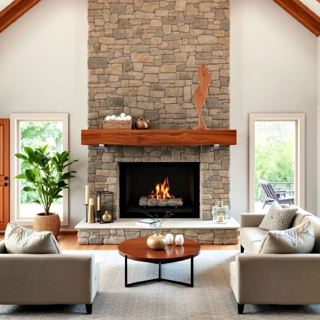 natural stone fireplace as a focal point - 25 Organic Modern Living Room Design Ideas