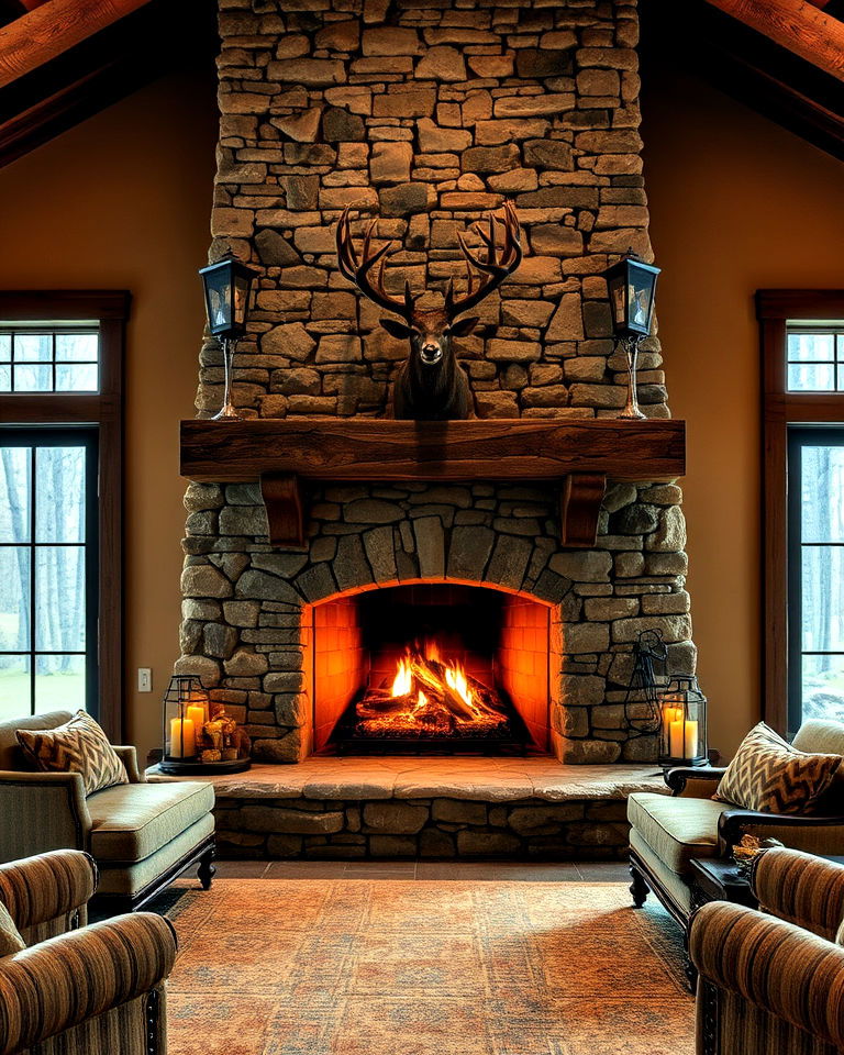 natural stone fireplace for hunting room - 25 Hunting Room Ideas