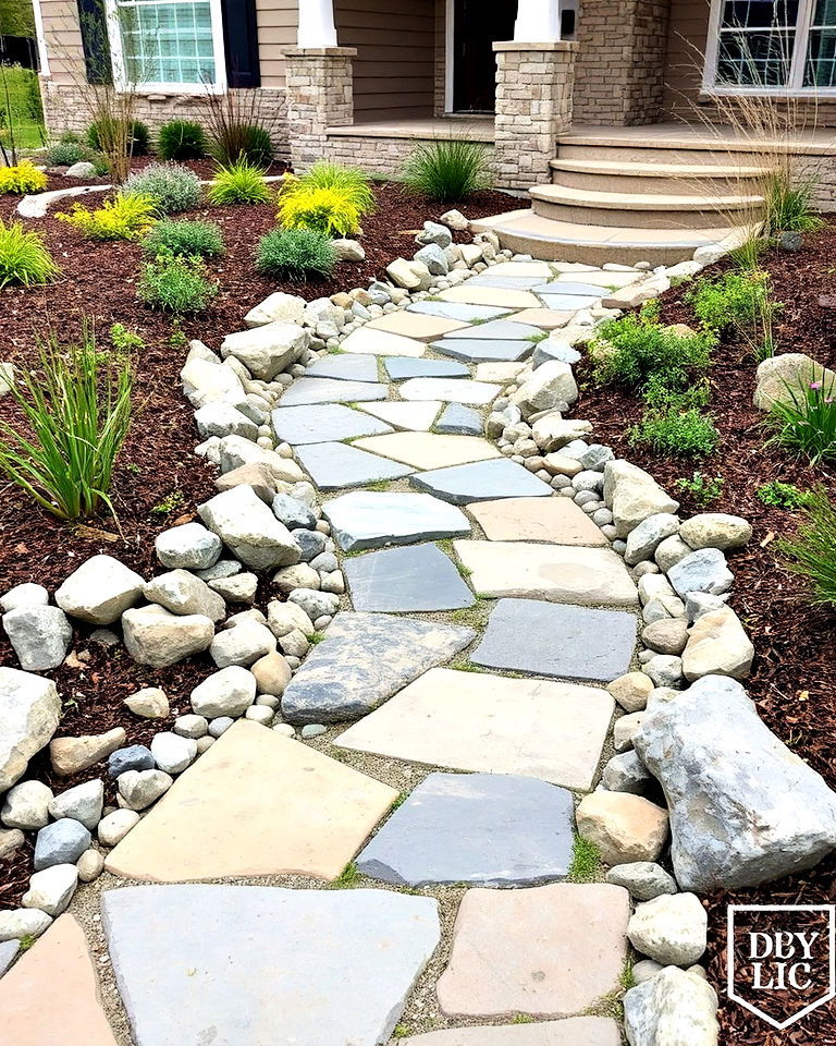 natural stone pathway with dry creek bed - 30 Front Yard Dry Creek Bed Landscaping Ideas