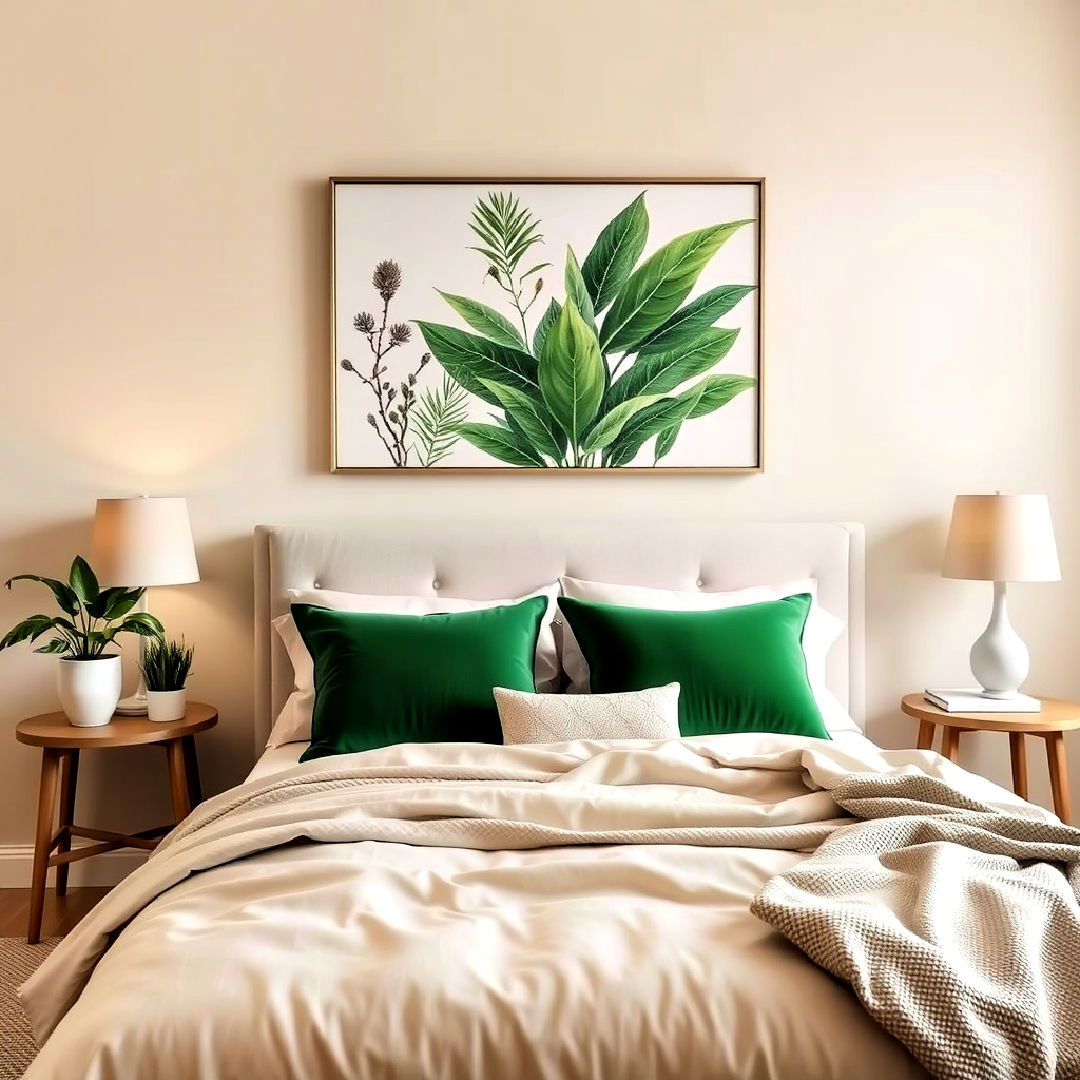 natural vibe beige and green accents - 30 Beige Bedroom Ideas