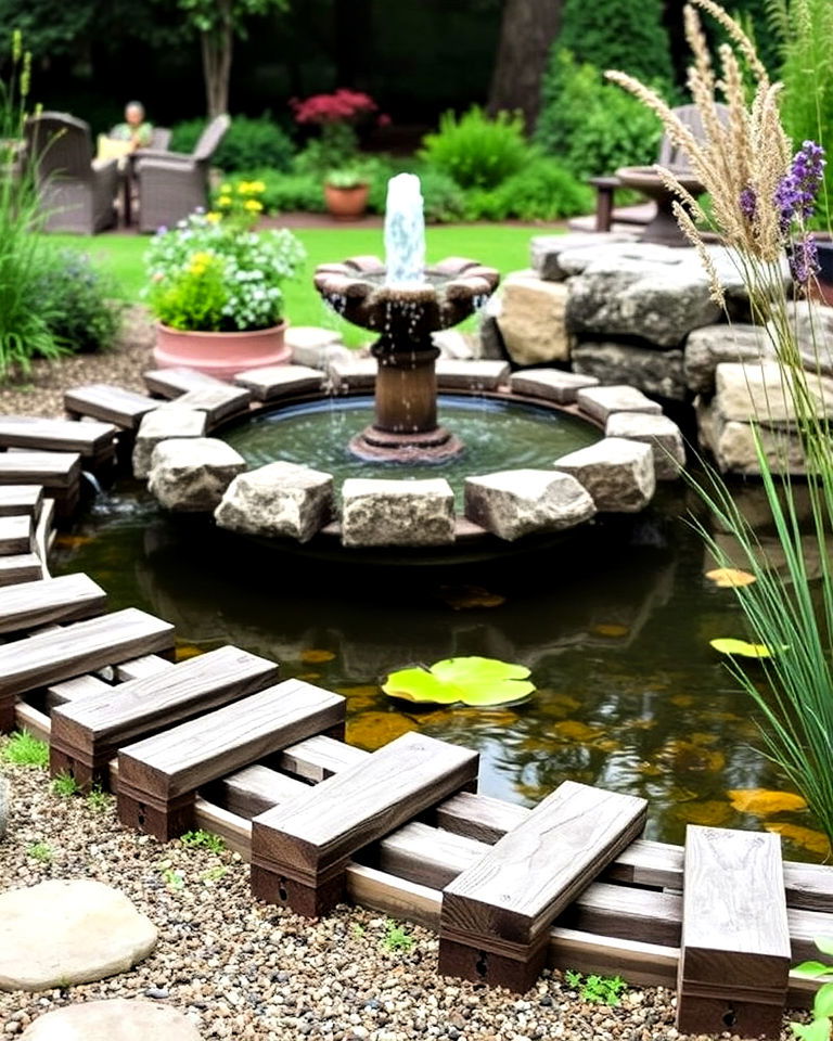 natural water feature framed with railroad ties - 20 Railroad Ties Landscaping Ideas