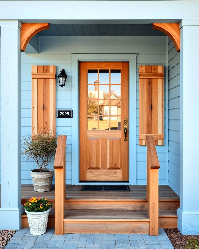 natural wood accents and coastal light blue exterior - 25 Light Blue House Exterior Ideas