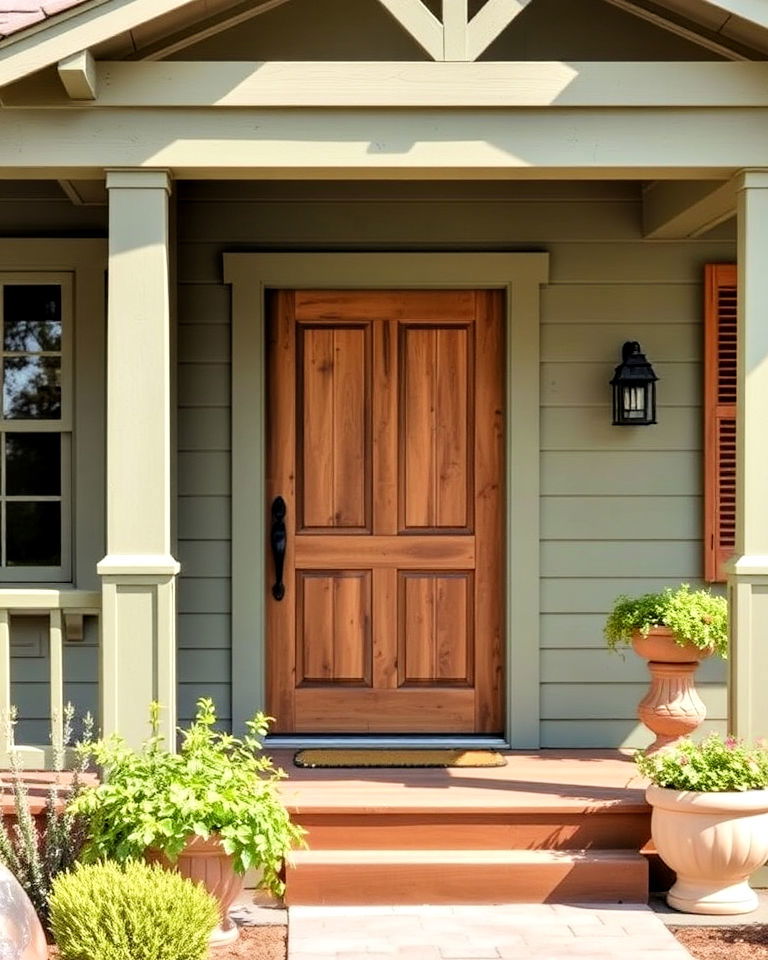 natural wood accents for sage green farmhouse exterior - 25 Farmhouse Green Exterior Home Ideas