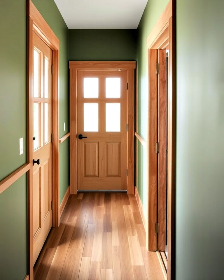 natural wood accents for sage green hallway - 20 Green Hallway Ideas