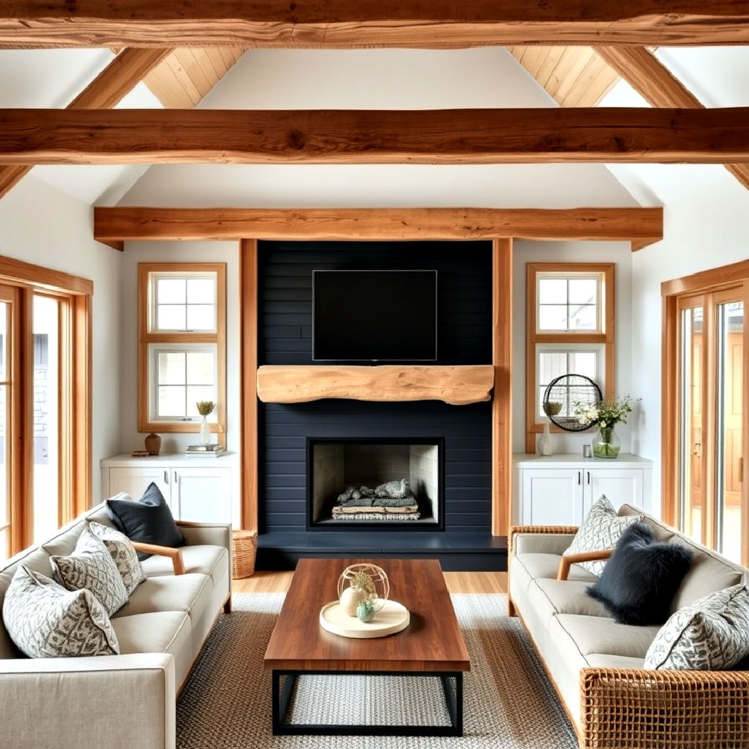 natural wood beams for black shiplap fireplace - 40 Black Shiplap Fireplace Ideas