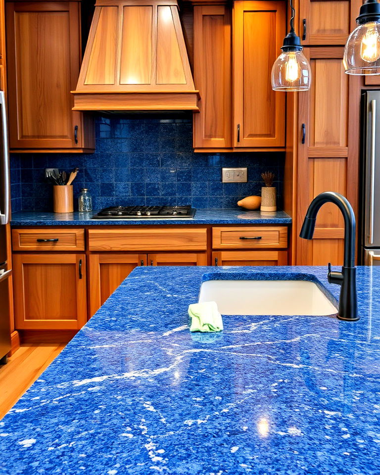 natural wood finishes and royal blue granite countertops - 20 Kitchens With Blue Countertops