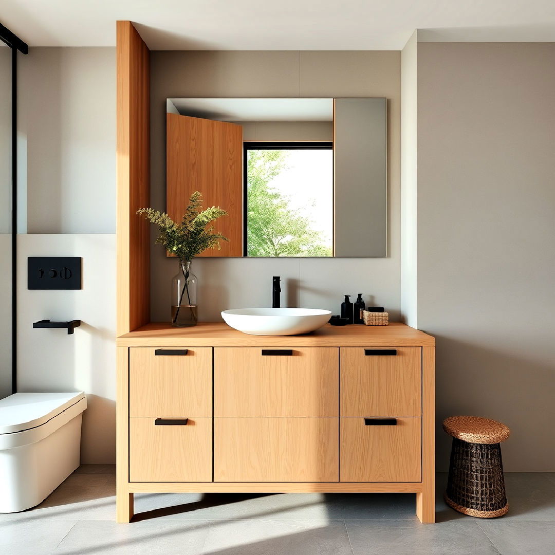 natural wood vanity for janandi bathroom - 40 Japandi Bathroom Ideas