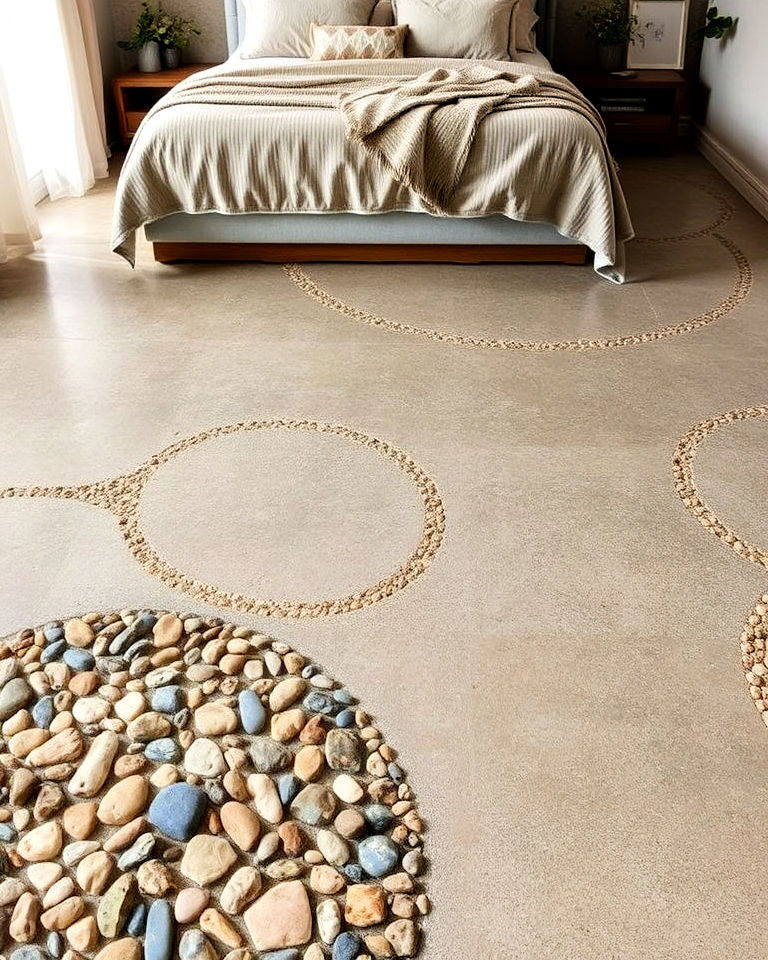 nature inspired concrete floors with embedded stones - 20 Concrete Floor Bedroom Ideas