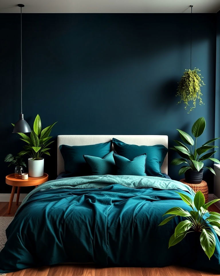 nature inspired dark blue and green bedroom - 30 Dark Blue Bedroom Ideas