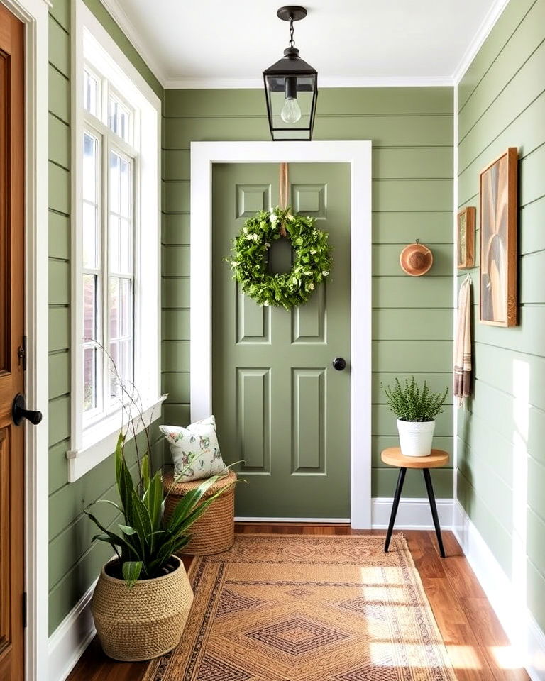 nature inspired green shiplap wall entryway - 25 Shiplap Wall Entryway Ideas
